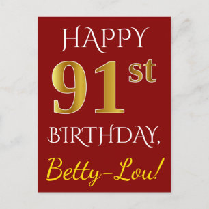 Rot, Imitate Gold 91. Geburtstag + Individuelle Na Postkarte