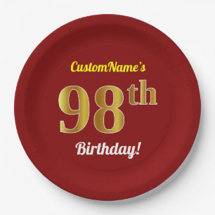 Rot, Imitate Gold 98. Geburtstag + Individuelle Na Pappteller