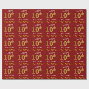 Rot, Imitate Gold "HAPPY 10. GEBURTSTAG" Geschenkpapier