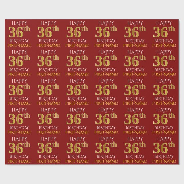 Rot, Imitate Gold "HAPPY 36. BIRTHDAY" Geschenkpapier (Flach)