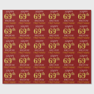 Rot, Imitate Gold "HAPPY 69. GEBURTSTAG" Geschenkpapier