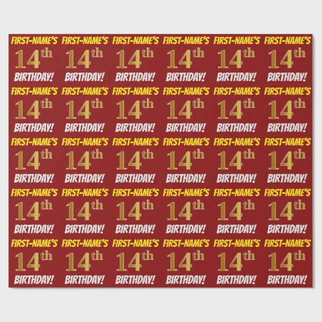 Rot, Imitate/Nachahmungen Gold, "14. BIRTHTAG" Geschenkpapier (Flach)