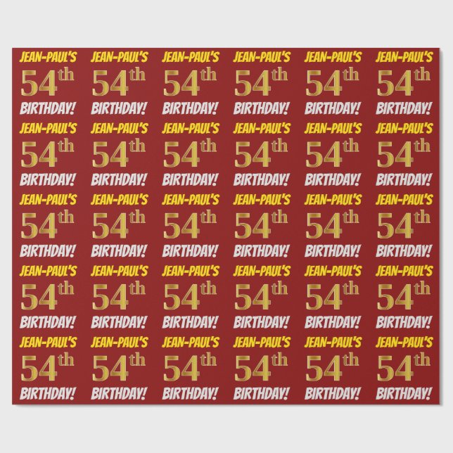 Rot, Imitate/Nachahmungen Gold, "54. GEBURTSTAG" Geschenkpapier (Flach)
