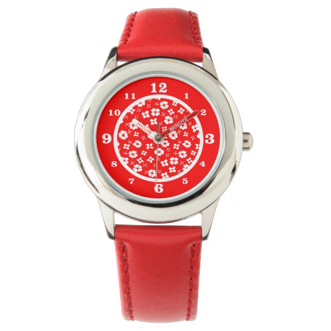 Rot in Weiß Blume Armbanduhr (Vorderseite)
