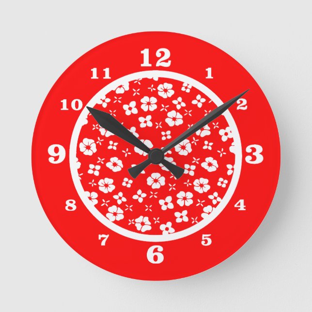 Rot in Weiß Blume Runde Wanduhr (Vorderseite)