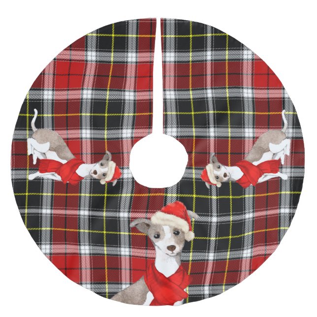 Rot Kariert mit italienischem Greyhound Dog Christ Polyester Weihnachtsbaumdecke (Vorderseite)
