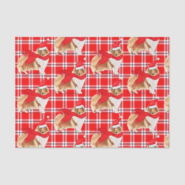 Rot Kariert und Weihnachten Rough Collie Lover Hol Seidenpapier (Vorderseite)