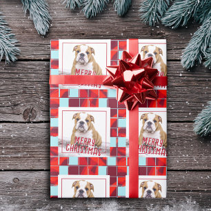 Rot karierter Bulldogge Hund Foto Frohe Weihnachte Geschenkpapier