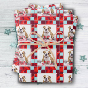 Rot karierter Bulldogge Hund Foto Frohe Weihnachte Geschenkpapier Set
