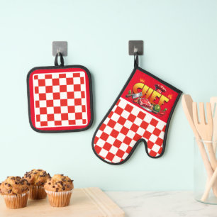 Rot karierter Koch Ofenhandschuh & Topflappen-Set
