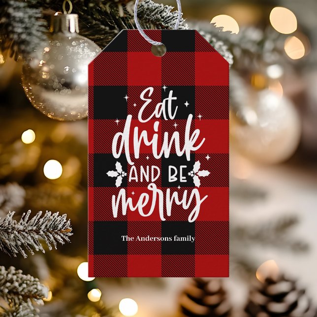 Rot kariertes Büffelmuster „Eat, Drink & Be Merry“ Geschenkanhänger (Von Creator hochgeladen)
