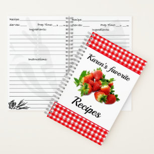 Rot kariertes Erdbeer-Personalisiertes Rezept Notizbuch