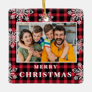Rot kariertes Frohe Weihnachten Familienfoto Schne Keramikornament