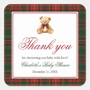 Rot kariertes Weihnachts-Teddybär-Baby-Shower Quadratischer Aufkleber