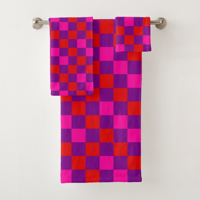 Rot Lila Rosa Kariertes Musterdesign  Badhandtuch Set (Insitu)