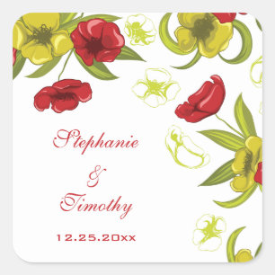 Rot + Limettengrün Mohn Blume Hochzeitsticker Quadratischer Aufkleber