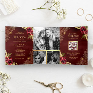 Rot Marone Blumen Gold Spitze QR Code Hochzeit Dreifach Gefaltete Einladung