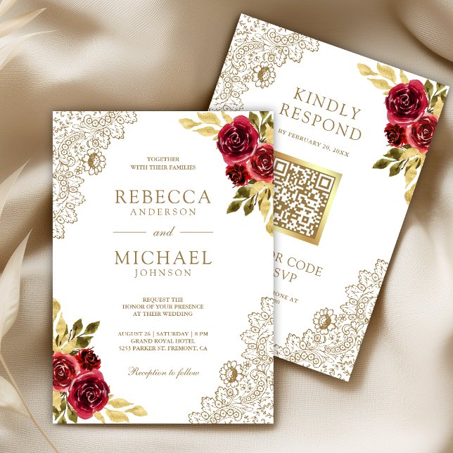 Rot Marone Floral Spitze Weiß QR Code Hochzeit Einladung (Von Creator hochgeladen)