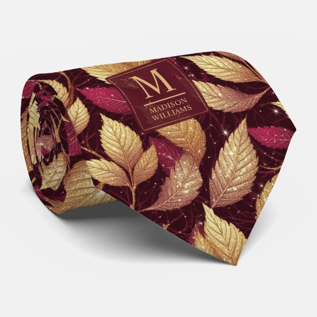 Rot Marone Gold Glitter Herbstblätter Muster Krawatte (Gerollt)
