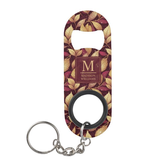 Rot Marone Gold Glitter Herbstblätter Muster Mini Flaschenöffner (Vorderseite)