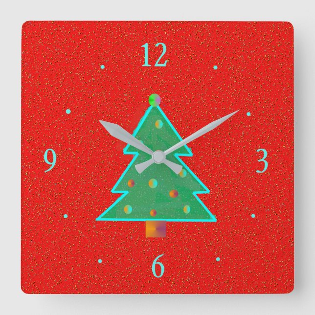 Rot mit Aqua Green Tree > Weihnachtsuhren Quadratische Wanduhr (Vorderseite)