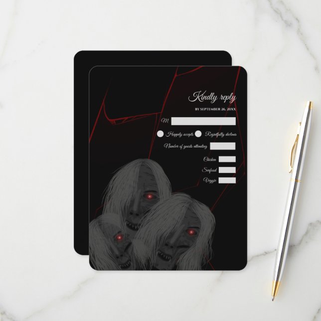 Rot-Mit Augen Geister Gothic Red Black- Dark Moody RSVP Karte (Vorderseite/Rückseite Beispiel)