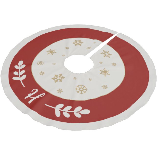 Rot mit goldenen Schneeflocken und Monogramm Polyester Weihnachtsbaumdecke (Schrägansicht)