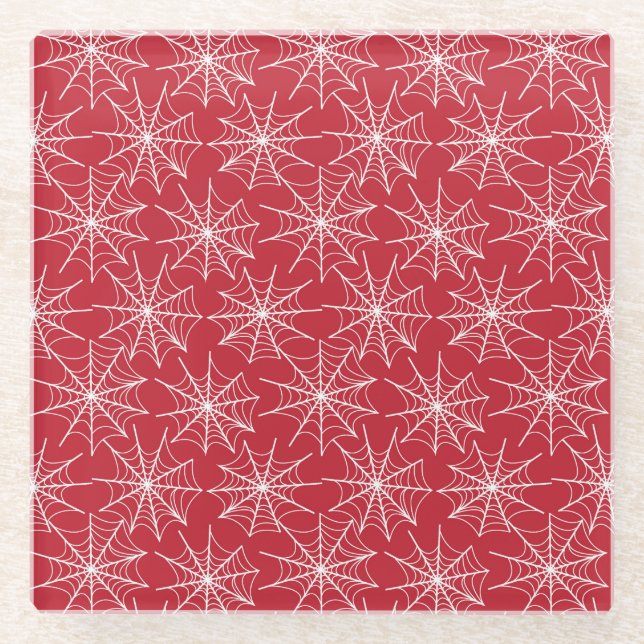 ROT MIT KLEINEN WEISSEN HALLOWEEN COBWEBS GLASUNTERSETZER (Vorderseite)