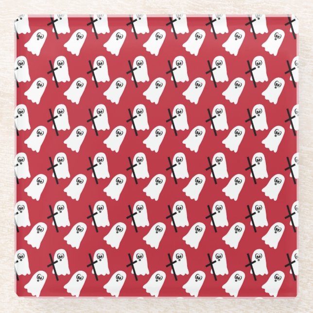 ROT MIT KLEINEN WEISSEN HALLOWEEN GHOSTEN GLASUNTERSETZER (Vorderseite)