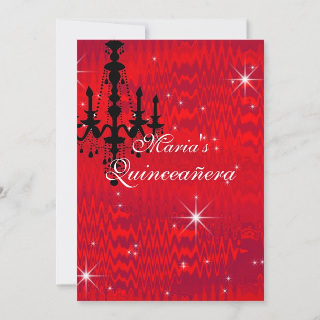 Rot mit Kronleuchter a Stars Quinceanera Einladung (Vorderseite)