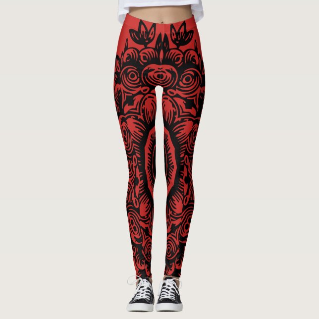Rot mit schwarzem Damaskepmuster Athletik Leggings (Vorderseite)