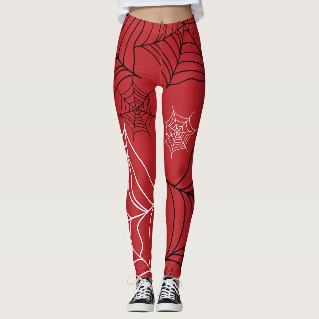 Rot mit schwarzem und weißem Spinnennetz Halloween Leggings (Vorderseite)