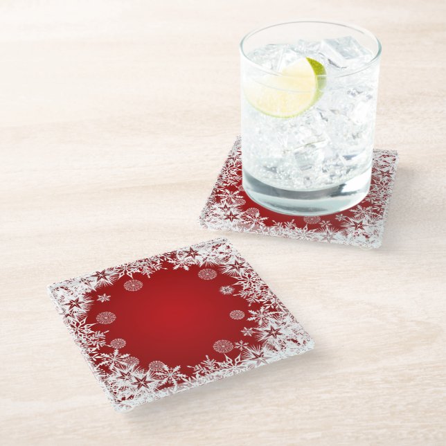 ROT MIT WÜSTEN VON WEISSEN WINTERSCHNEEEN GLASUNTERSETZER (Schrägansicht)