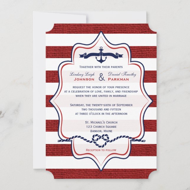 Rot, Navy Nautical, IMITAT Burlap Stripes Wedding Einladung (Vorderseite)