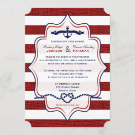 Rot, Navy Nautical, IMITAT Burlap Stripes Wedding Einladung
