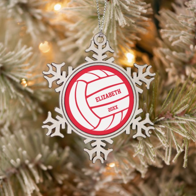 Rot oder JEDES personalisierte Mädchenvolleyball Schneeflocken Zinn-Ornament (Baum)