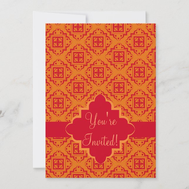 Rot & Orange Arabesque Marokkanisch Grafik Einladung (Vorderseite)
