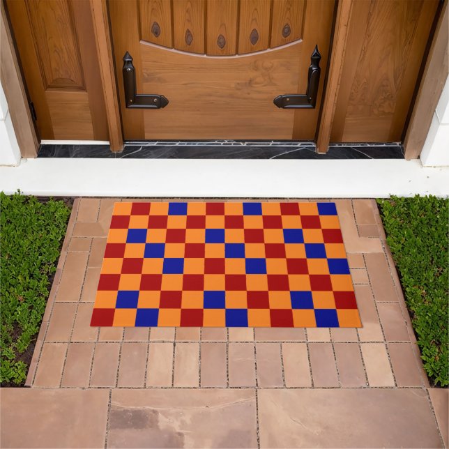 Rot Orange Blau Kariertes Muster Design  Fußmatte (Außenbereich)