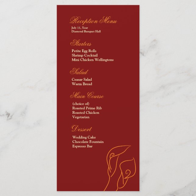 Rot & Orange Calla Lilies Empfang Menu Menükarte (Vorderseite)