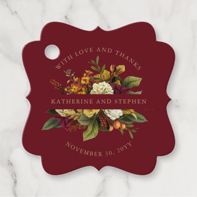 Rot | Orange Floral Bouquet mit Liebe und Dank Geschenkanhänger (Vorderseite)