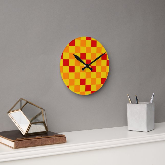 Rot Orange Gelb Karomuster Design  Runde Wanduhr (Büro)