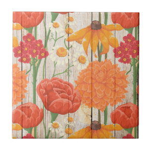 Rot Orange Gelbe Blumen Weiße Gänseblümchen Rustik Fliese