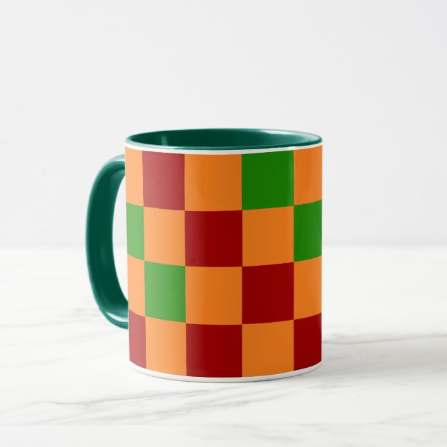 Rot Orange Grün Kariertes Muster Design Tasse (Vorderseite Links)