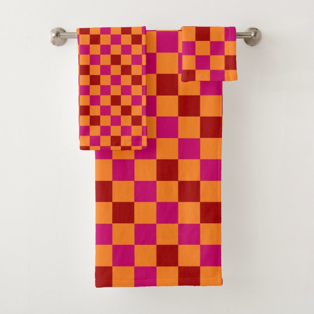 Rot Orange Rosa Kariertes Muster Design  Badhandtuch Set (Insitu)