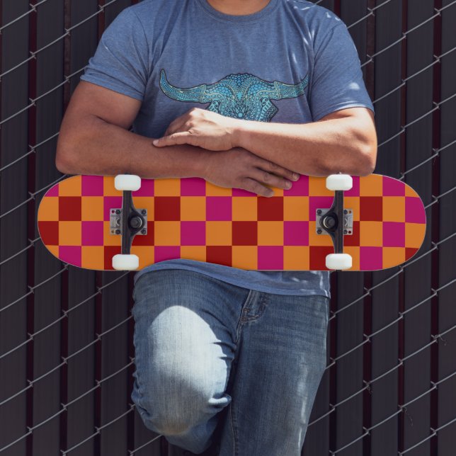 Rot Orange Rosa Karomuster Design  Skateboard (Außenbereich 3)