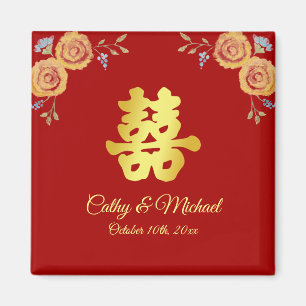 Rot orangefarbene florale chinesische Hochzeit dop Magnet