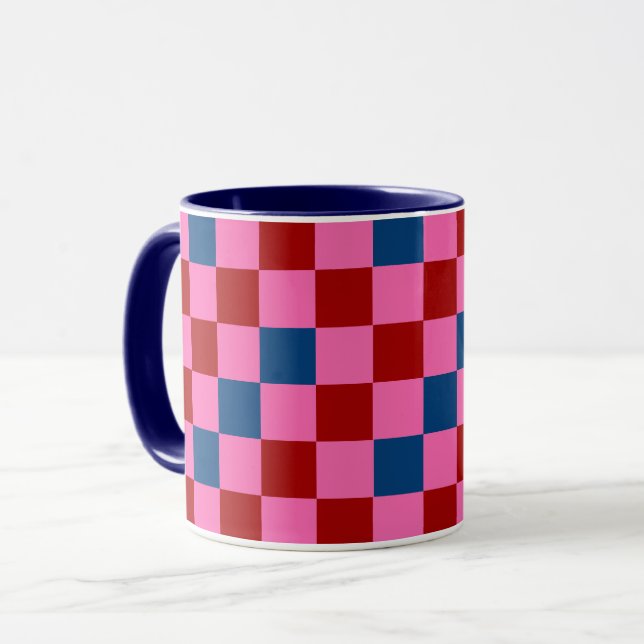Rot Pink Blau Kariertes Musterdesign  Tasse (Vorderseite Links)