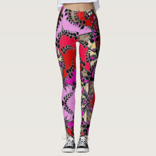 Rot Pink Gelb Schwarze Blätter Abstract Leggings