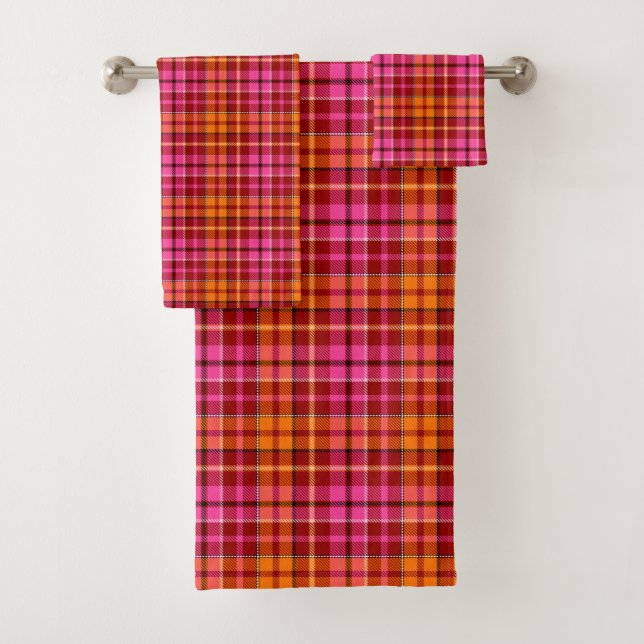 Rot Pink Orange Karo Tartan Design  Badhandtuch Set (Insitu)
