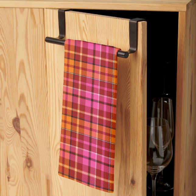 Rot Pink Orange Karo Tartan Design  Geschirrtuch (Drittel gefaltet)